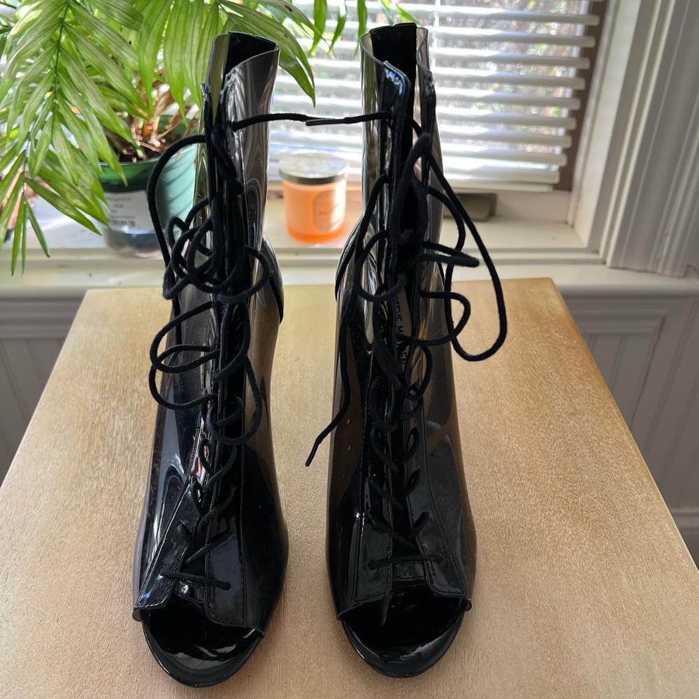 Steve Madden black & clear lace up booties